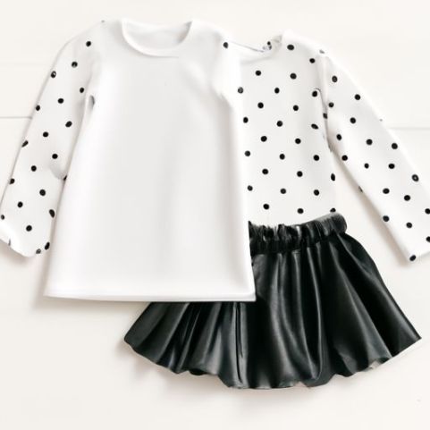 ruffled long sleeve tulle dots white t-shirt sleeve t-shirt and solid Pu leather skirt clothing set for kids New arrival girls boutique