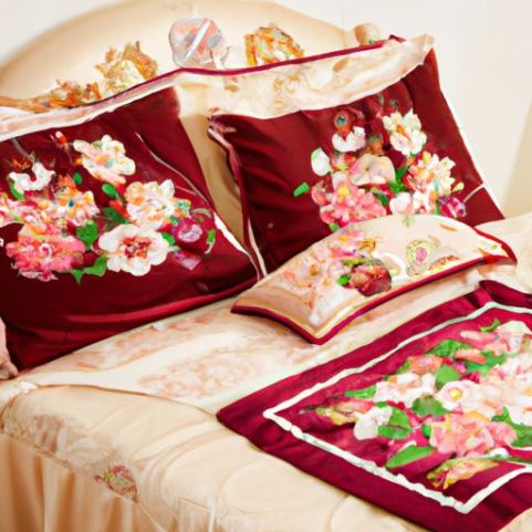 印花花卉植物刺绣天鹅绒套装被子床罩含2个枕套美式3D