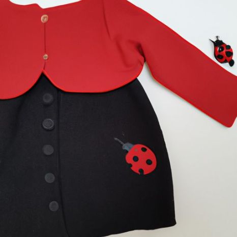 Coat Beetle ชุดเดรสแขนกุด Ladybug Print ชุดถักเด็ก Baby's New Solid Long Sleeve Cardigan